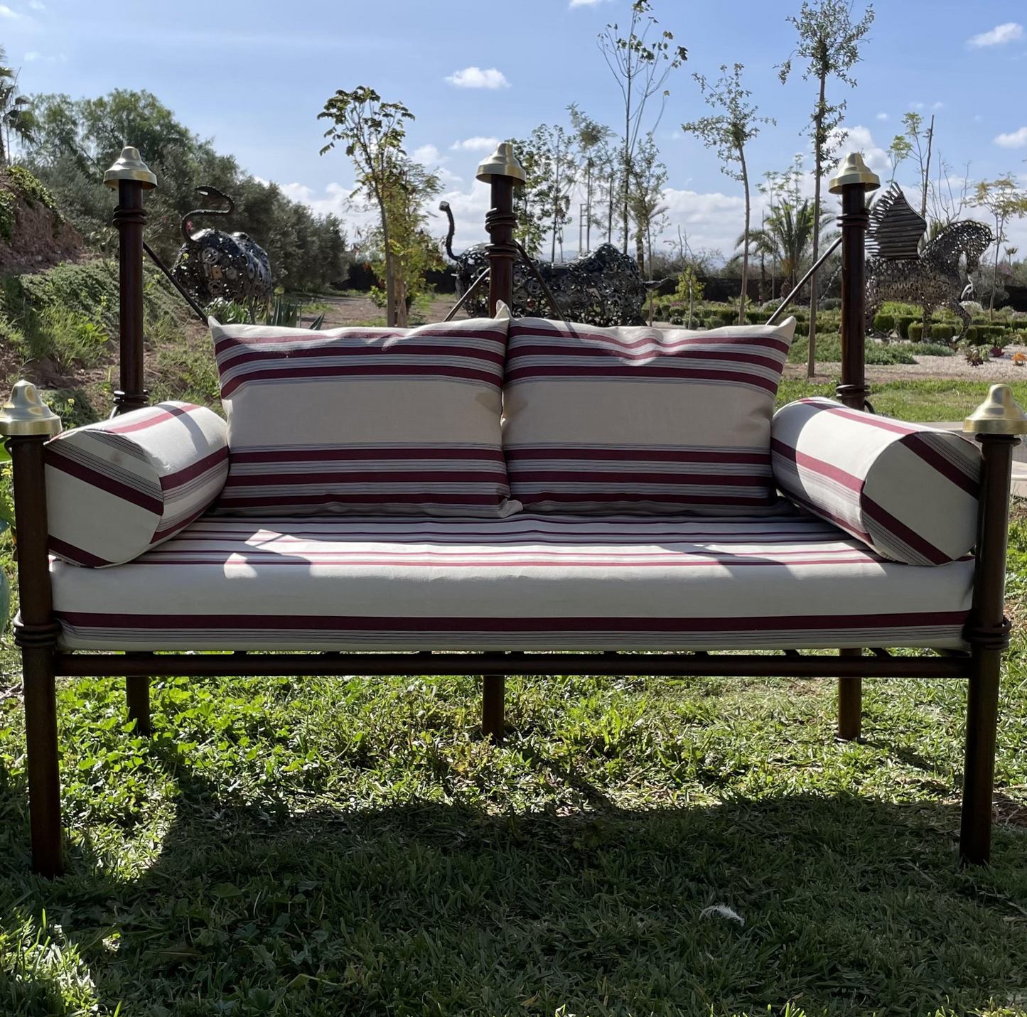 Banquette de Jardin en Fer Forgé avec Tissus Outdoor Rouge et Blanc