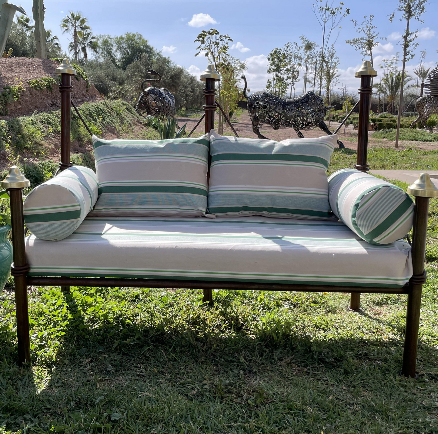 Banquette de Jardin en Fer Forgé avec Tissus Outdoor Vert et Blanc