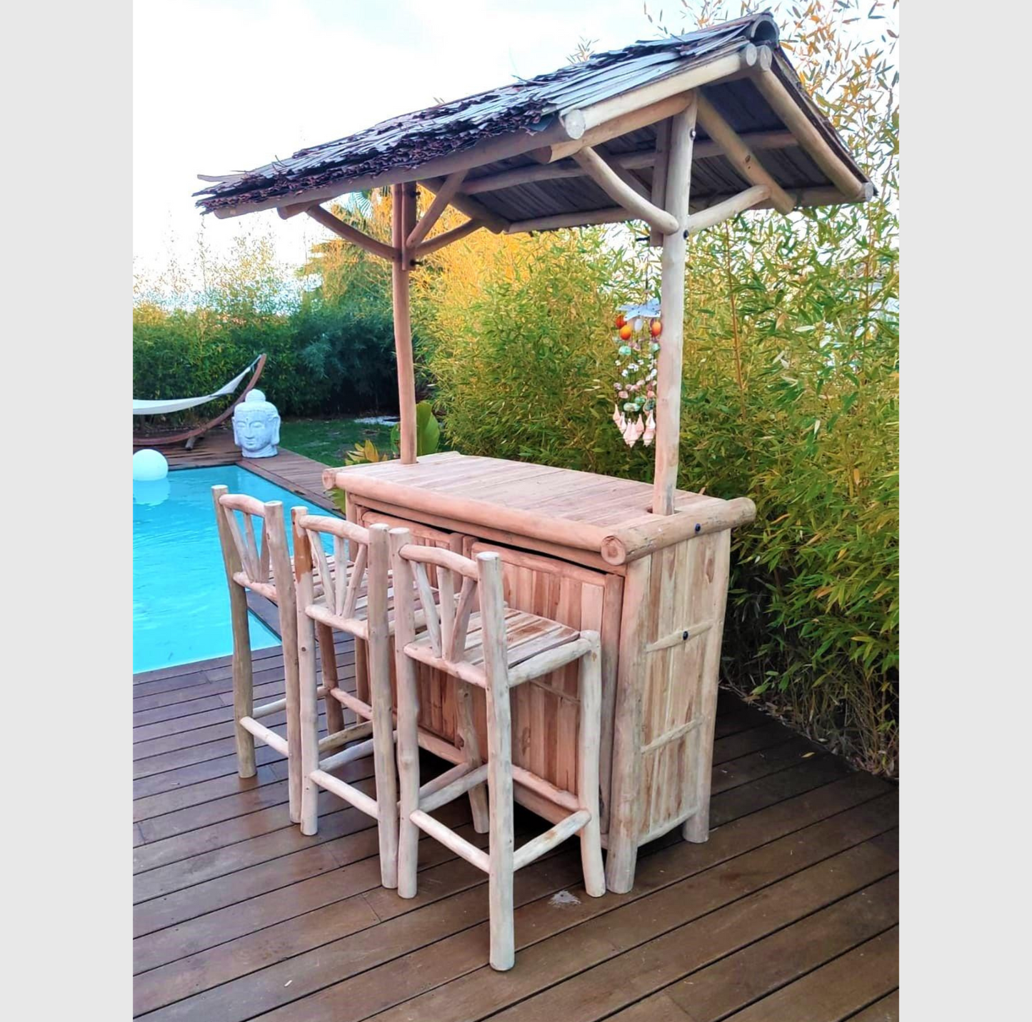 Bar d'extérieur en Teck 140 cm avec 3 Tabourets Hauts en Teck
