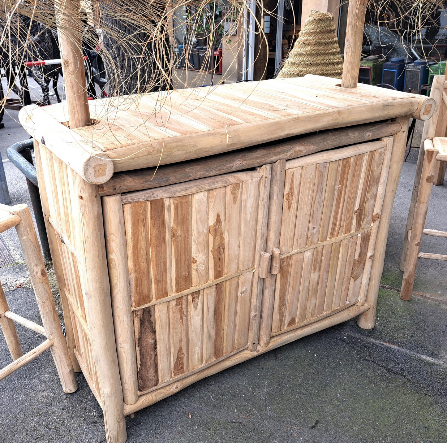 Bar d'extérieur en Teck 140 cm avec 3 Tabourets Hauts en Teck