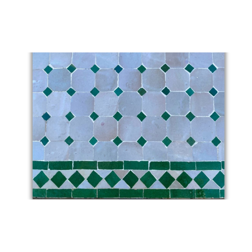 Table Marocaine en Zellige Rectangulaire | Plateau Beige à Cabochons Verts & Pied en Fer Forgé Noir | 200x100x75 cm | Installation Incluse