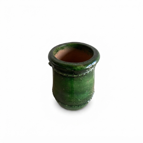 Petit pot en terre cuite émaillé vert Tamegroute – Artisanat marocain authentique pour intérieur et extérieur