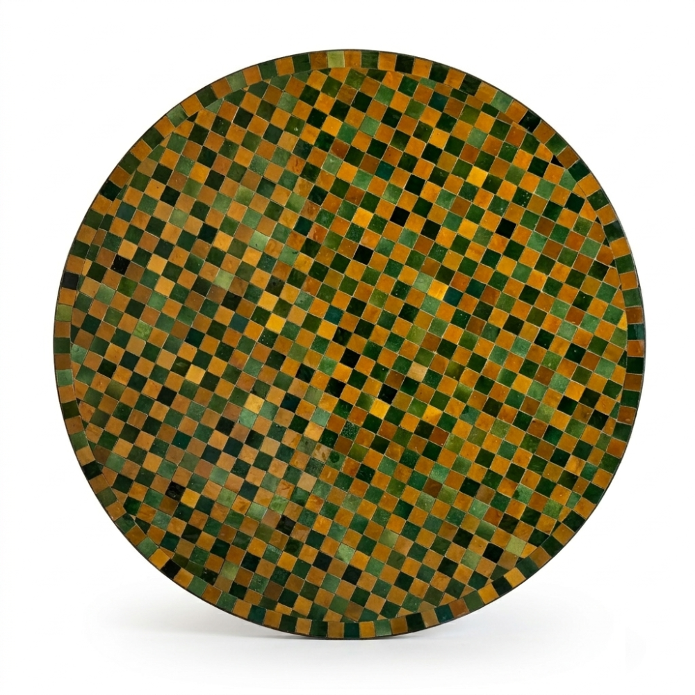 Table Ronde en Zellige Multicolore Vert, Jaune &amp; Noir Ø120 cm | Table de Jardin Extérieure en Mosaïque Marocaine &amp; Pied Fixe en Fer Forgé | Installation Incluse