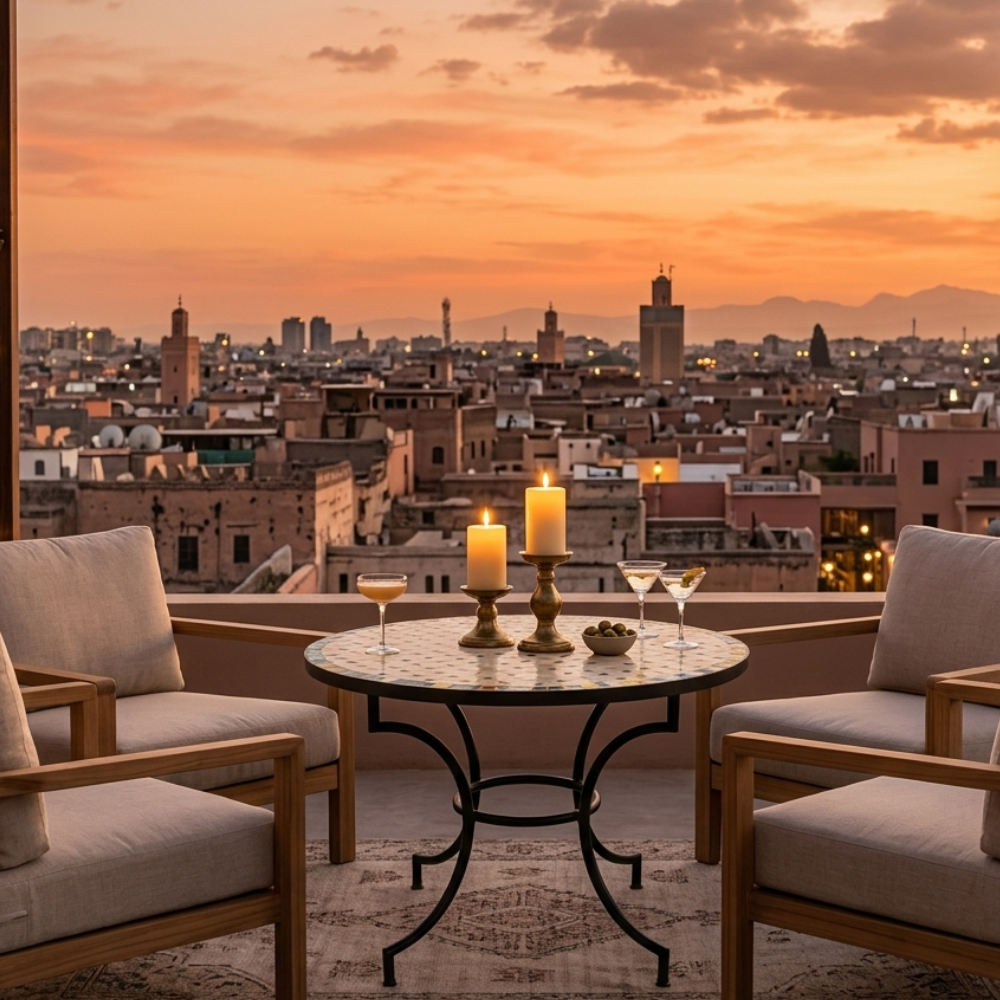 Table Ronde en Zellige Multicolore Ø100 cm | Table de Jardin Extérieure en Mosaïque Marocaine &amp; Pied en Fer Forgé Rouillé | Installation Incluse