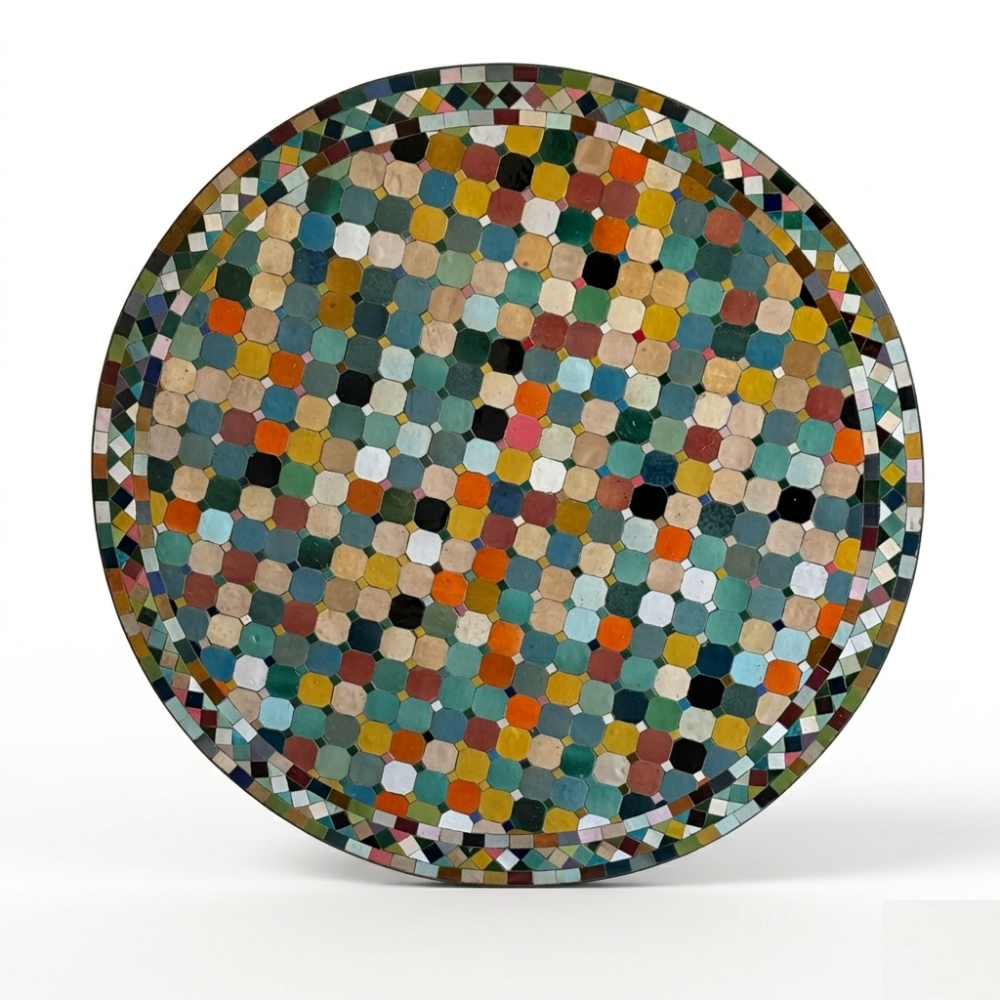 Table Ronde en Zellige Multicolore Ø100 cm | Table de Jardin Extérieure Design &amp; Pied en Fer Forgé Rouillé | Installation Incluse