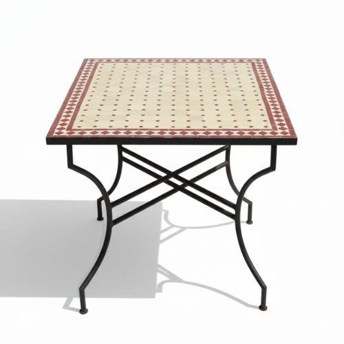 Table Zellige Beige et Blanc Cassé avec Cabochons Rouges