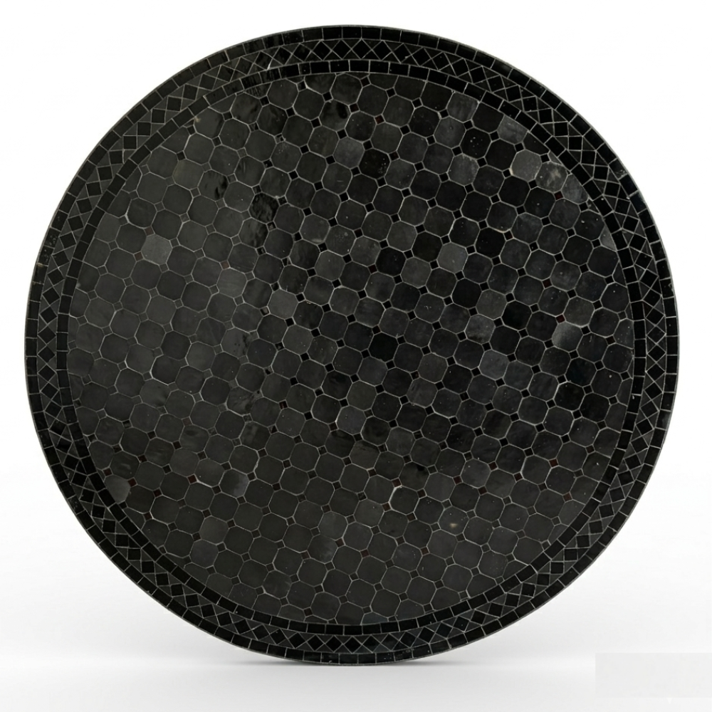 Table Ronde en Zellige Noir Ø120 cm | Table de Jardin Extérieure Haut de Gamme &amp; Pied en Fer Forgé Rouillé | Installation Incluse