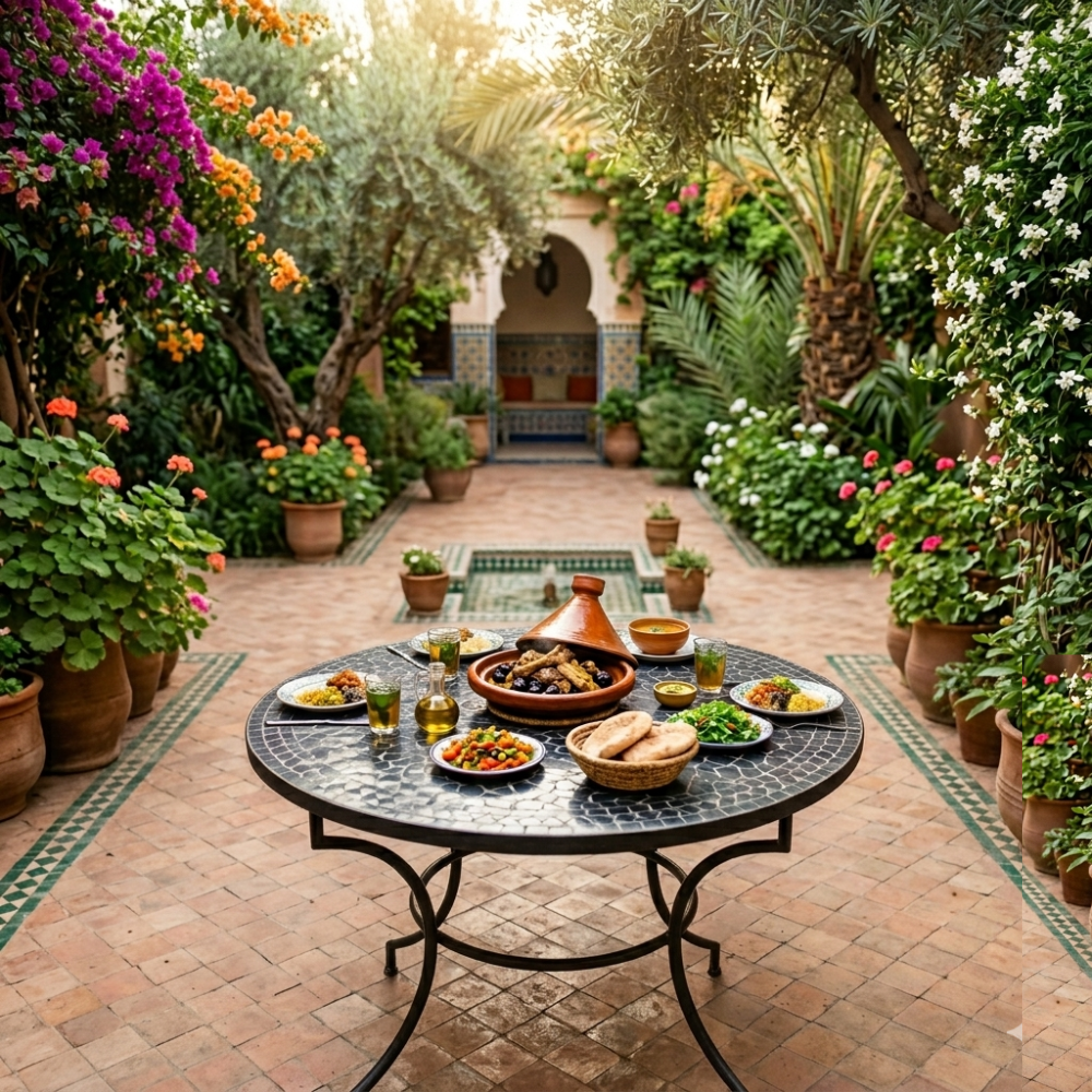 Table Ronde en Zellige Noir Ø120 cm | Table de Jardin Extérieure Haut de Gamme &amp; Pied en Fer Forgé Rouillé | Installation Incluse