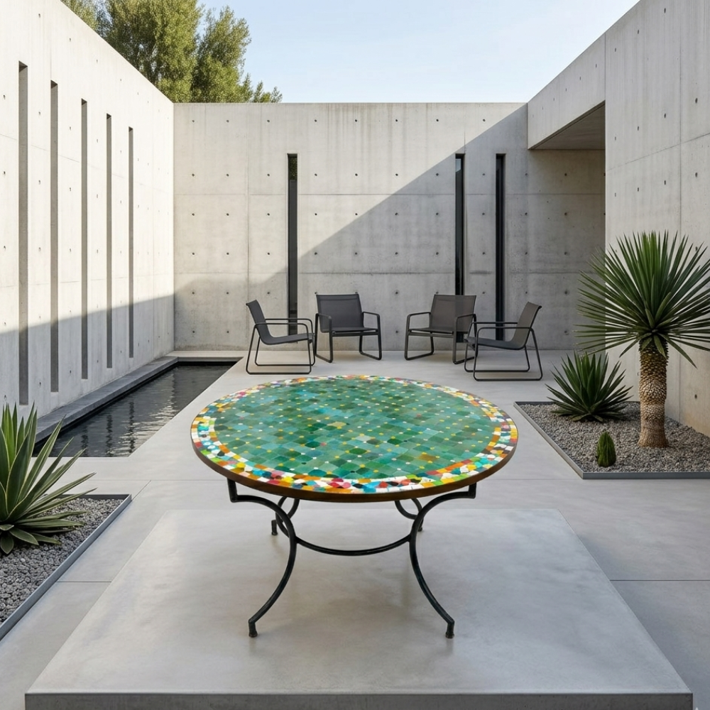 Table Ronde en Zellige Vert avec Frise Multicolore Ø120 cm | Table de Jardin Compacte &amp; Pied en Fer Forgé Rouillé | Installation Incluse