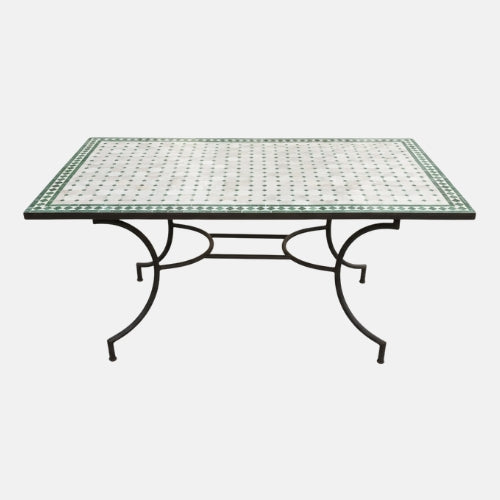 Table Marocaine en Zellige Rectangulaire | Plateau Beige à Cabochons Verts & Pied en Fer Forgé Noir | 200x100x75 cm | Installation Incluse