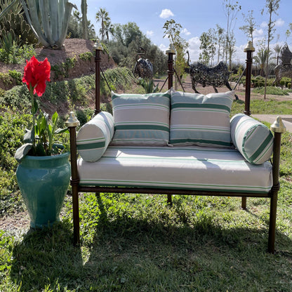 Banquette de Jardin en Fer Forgé avec Tissus Outdoor Vert et Blanc
