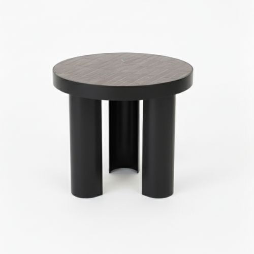 Table en Zellige Noir Ronde | Table Basse de Jardin Artisanale | Ø 50 cm x H 50 cm | Pied en Fer Forgé | Installation Incluse
