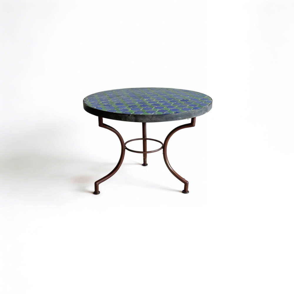 Table Ronde en Zellige Bleu Vert Ø60 cm | Table Extérieure Design Déclinée en 3 Hauteurs (Haute, Moyenne, Basse) &amp; Pied en Fer Forgé Rouillé | Installation Incluse