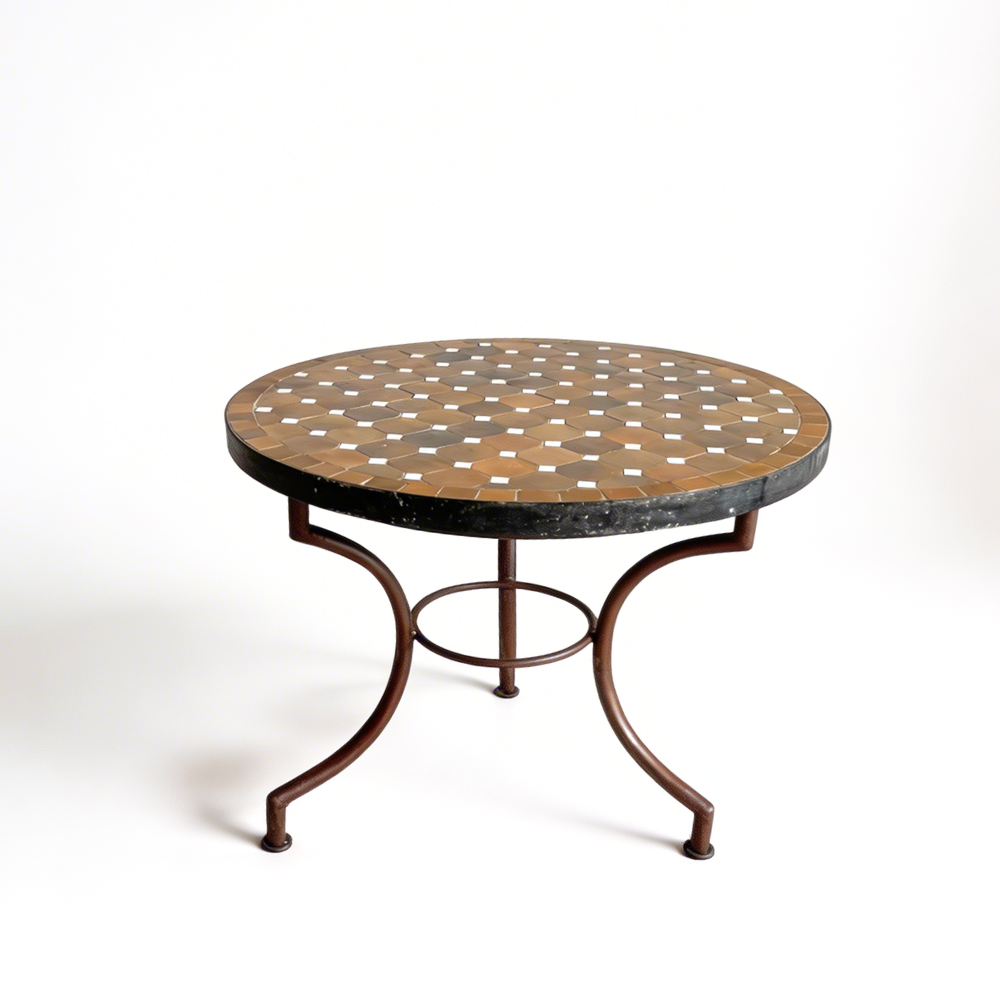 Table Ronde en Zellige Marron avec Cabochons Blancs Ø60 cm | Table Extérieure Compacte Déclinée en 3 Hauteurs &amp; Pied en Fer Forgé | Installation Incluse