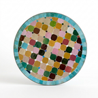 Table Ronde en Zellige avec Frise Bleue Ø60 cm | Table Extérieure Design Déclinée en 3 Hauteurs &amp; Pied en Fer Forgé Rouillé | Installation Incluse