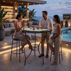 Table Ronde en Zellige avec Frise Bleue Ø60 cm | Table Extérieure Design Déclinée en 3 Hauteurs &amp; Pied en Fer Forgé Rouillé | Installation Incluse