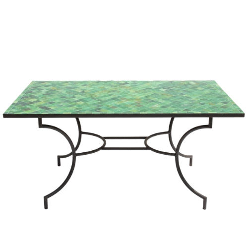 Table en Zellige Rectangulaire Verte | Table de Jardin Artisanale avec Pied Fixe en Fer Forgé Noir | 160 x 90 x 75 cm | Installation Incluse