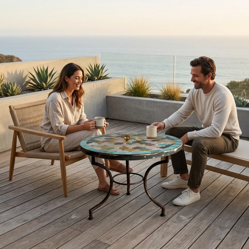 Table Ronde en Zellige avec Frise Bleue Ø60 cm | Table Extérieure Design Déclinée en 3 Hauteurs &amp; Pied en Fer Forgé Rouillé | Installation Incluse