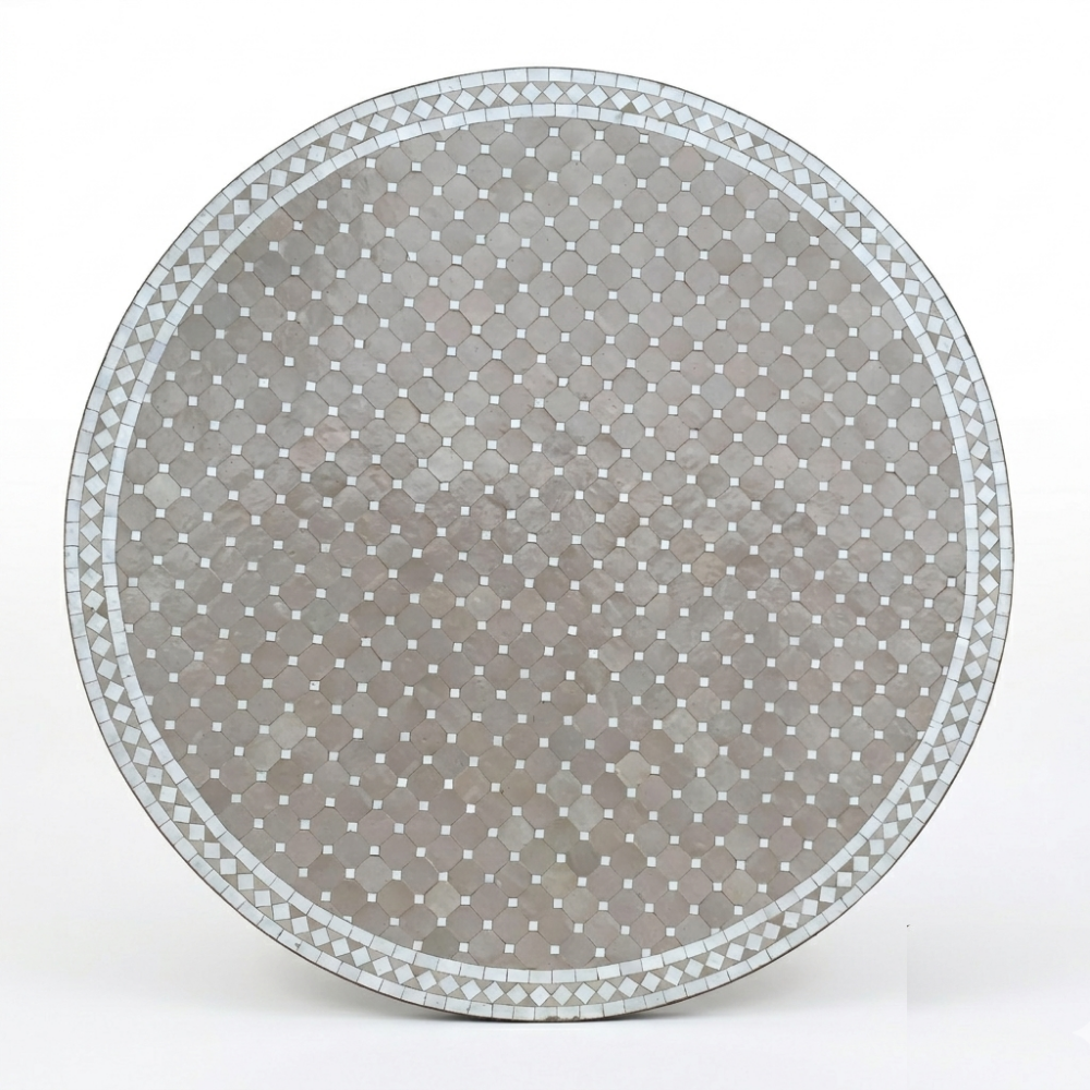 Table Ronde en Zellige Beige Ø150 cm | Grande Table de Jardin Extérieure &amp; Pied en Fer Forgé Rouillé | Installation Incluse