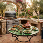 Table Ronde en Zellige Vert Tamegroute Ø100 cm | Table de Jardin Extérieure Design &amp; Pied en Fer Forgé Rouillé | Installation Incluse