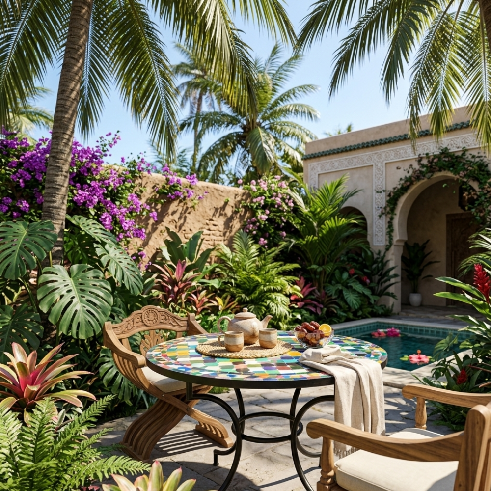 Table Ronde en Zellige Multicolore Ø100 cm | Table de Jardin Extérieure Design &amp; Pied en Fer Forgé Rouillé | Installation Incluse