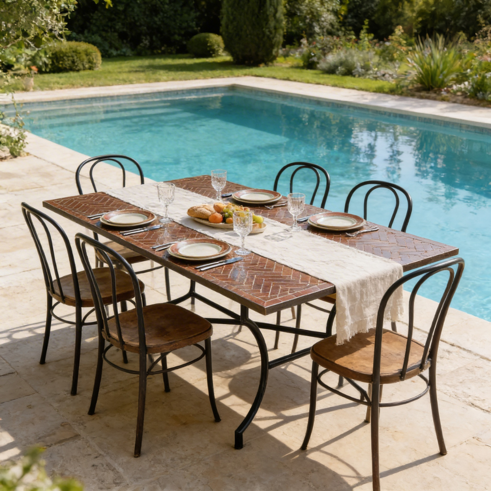 Table Rectangulaire en Zellige Marron 200 x 100 cm | Grande Table de Jardin Extérieure &amp; Pied en Fer Forgé Rouillé | Installation Incluse