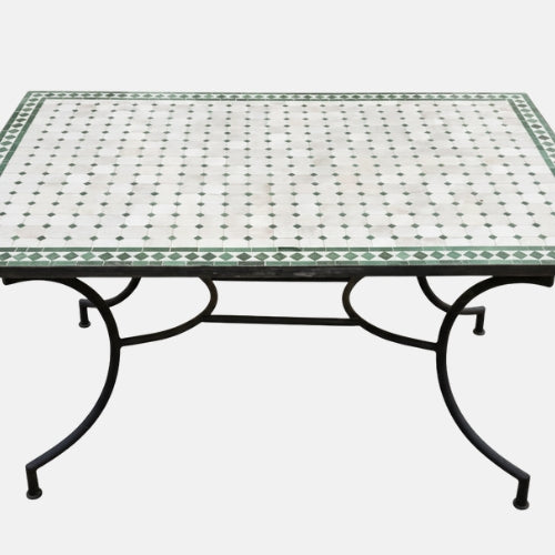 Table Marocaine en Zellige Rectangulaire | Plateau Beige à Cabochons Verts & Pied en Fer Forgé Noir | 200x100x75 cm | Installation Incluse