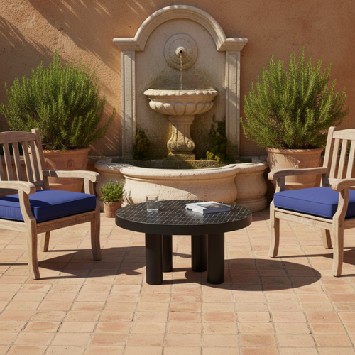 Table en Zellige Noir Ronde | Table Basse de Jardin Artisanale | Ø 50 cm x H 50 cm | Pied en Fer Forgé | Installation Incluse