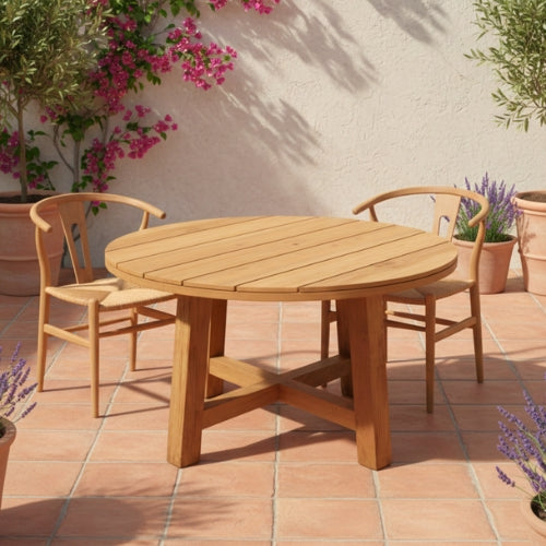 Table ronde en teck massif | Table conviviale en teck naturel | Ø 130 ou 150 cm | Usage intérieur / extérieur