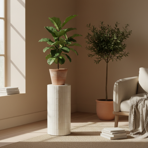 Table Marocaine en Zellige Blanc Cylindrique | Table de Jardin Artisanale Élancée | Ø 40 cm x H 85 cm | Installation Incluse