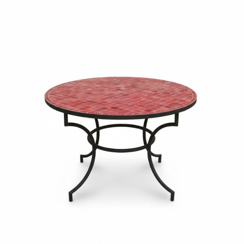 Table Marocaine Ronde en Zellige Bordeaux | Table de Jardin Artisanale avec Pied Fixe en Fer Forgé Noir | Ø120 x H75 cm | Installation Incluse