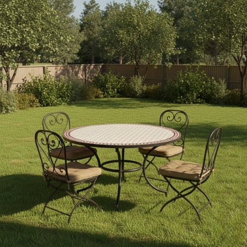 Table Zellige Beige et Blanc Cassé avec Cabochons Rouges