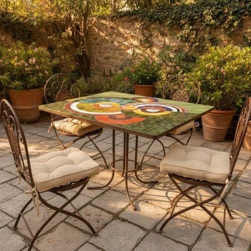 Table Carrée en Zellige Vert à Motif | Table de Jardin Artisanale | 130 × 130 × 75 cm | Pied Moderne Fixe en Fer Forgé | Installation Incluse