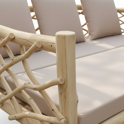 Lit de repos en teck naturel | Banquette extérieure artisanale | Options 200 × 100 cm ou 200 × 160 cm | Installation extérieure