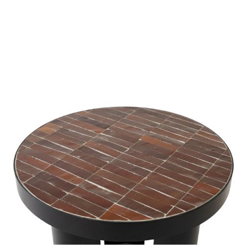 Table en Zellige Marron Ronde | Table Basse de Jardin Artisanale | Ø 50 cm x H 50 cm | Pied Fixe en Fer Forgé | Installation Incluse