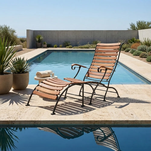 Transat en teck pour jardin avec repose-pieds | Structure métal robuste | Confort extérieur | Usage piscine & terrasse