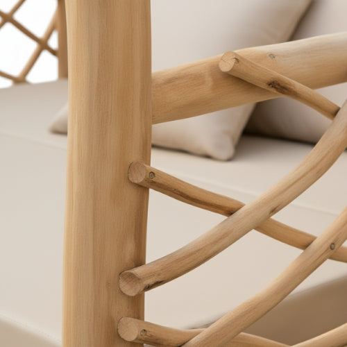 Lit de repos en teck naturel | Banquette extérieure artisanale | Options 200 × 100 cm ou 200 × 160 cm | Installation extérieure