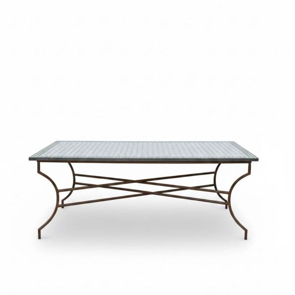 Table Marocaine en Zellige Rectangulaire | Plateau Beige à Cabochons Verts & Pied en Fer Forgé Noir | 200x100x75 cm | Installation Incluse