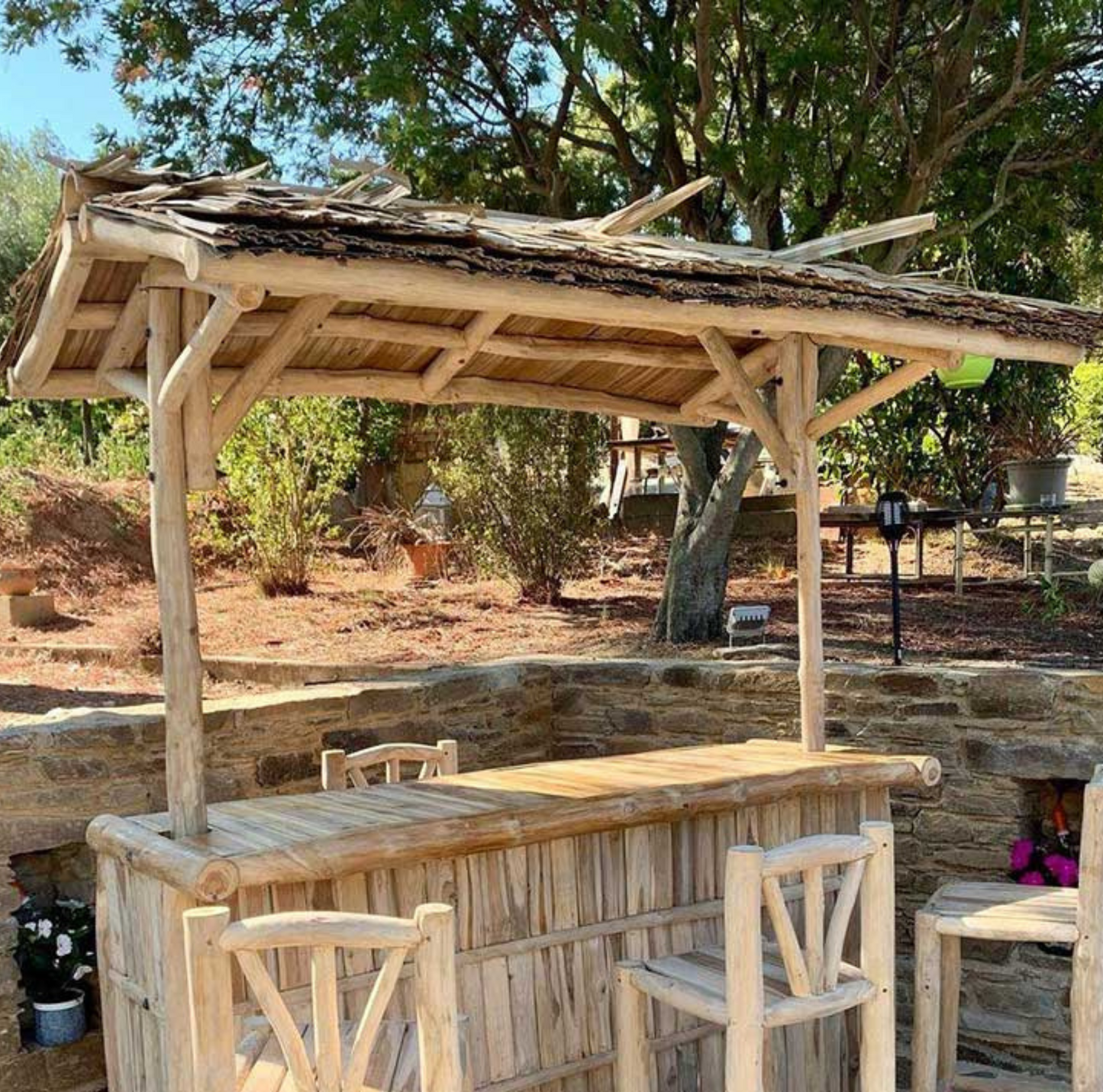 Bar d'Extérieur en Teck 200 cm avec 4 Tabourets Hauts en Teck
