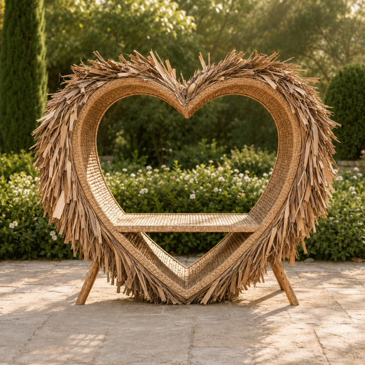 Banc Cœur en Bambou artisanal – Dossier haut 2 m | Assise naturelle | Mobilier jardin exotique | Installation simple