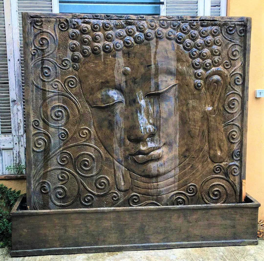 fontaine murale Bouddha pour jardin extérieur, fontaine Bouddha murale en pierre naturelle grande taille, fontaine décorative murale Bouddha zen, grande fontaine murale Bouddha effet cascade, fontaine murale Bouddha avec éclairage LED,fontaine murale Bouddha cascade d’eau.