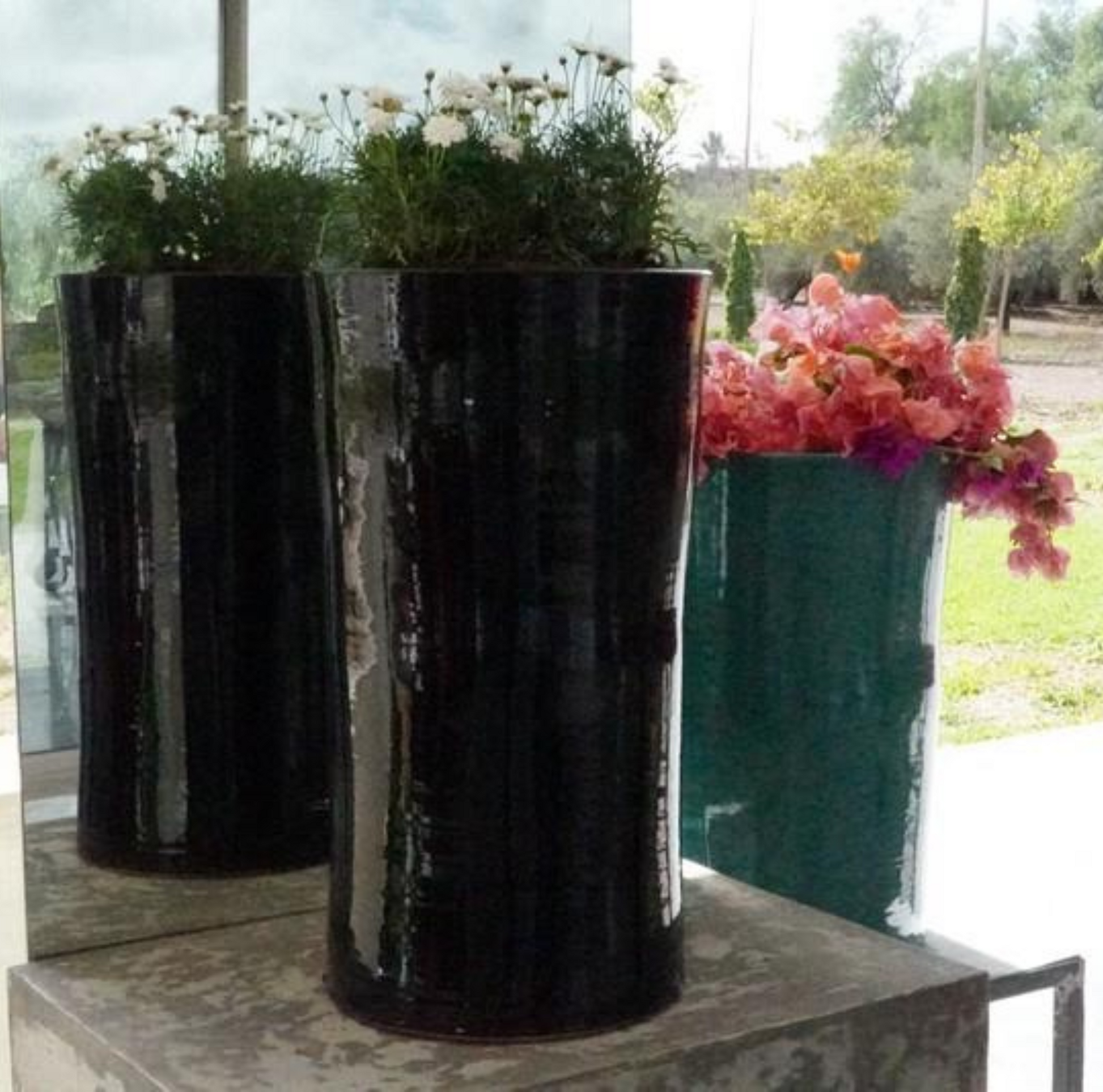 Pots en terre cuite émaillée noire, avec finition brillante, idéals pour une décoration moderne et élégante, adaptés à l'intérieur et à l'extérieur.