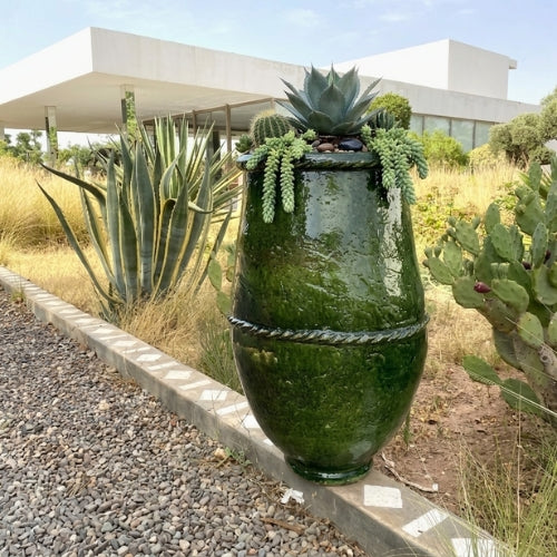 Grand pot de jardin en terre cuite émaillé vert Tamegroute – Artisanat marocain authentique pour intérieur et extérieur