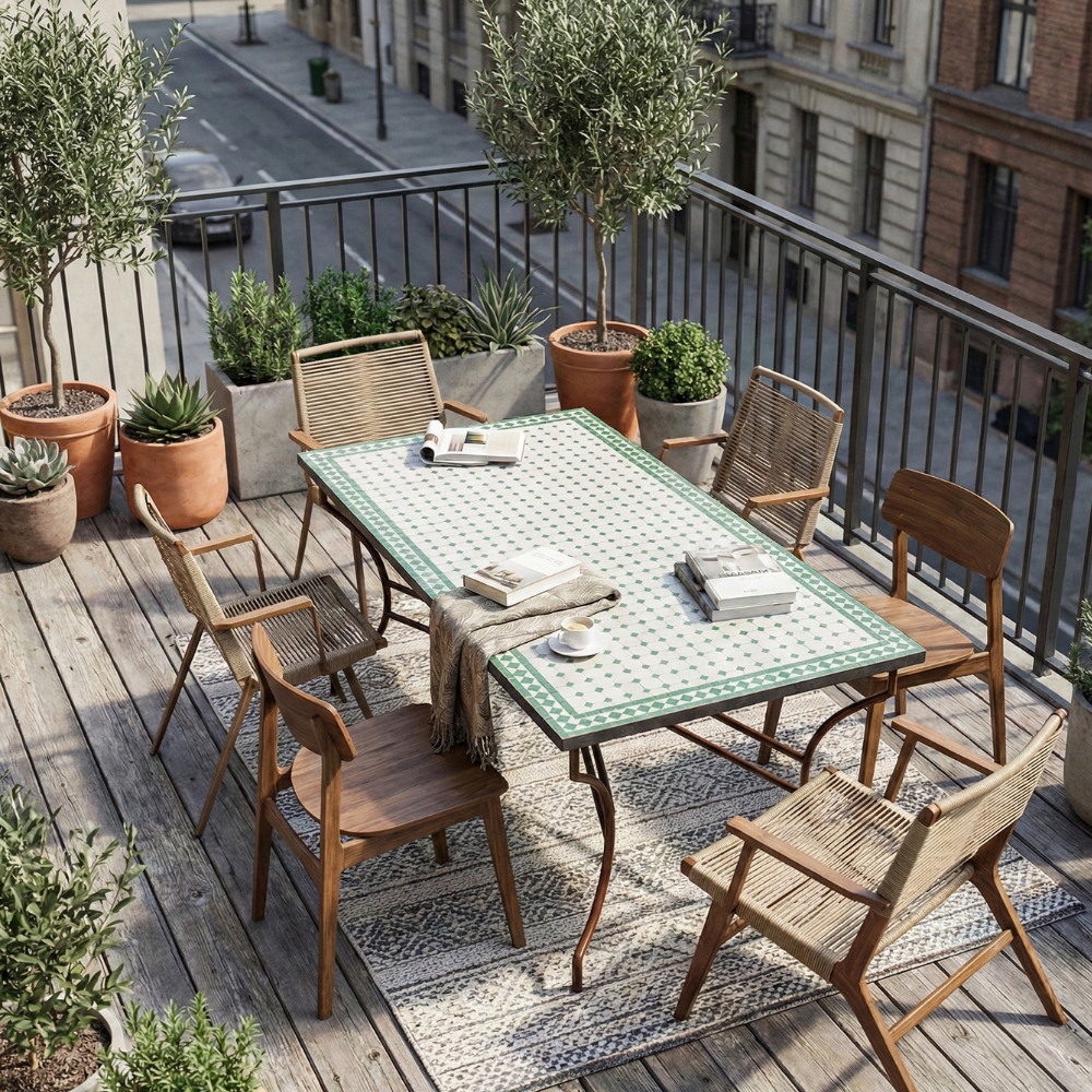 Table Marocaine en Zellige Rectangulaire | Plateau Beige à Cabochons Verts & Pied en Fer Forgé Noir | 200x100x75 cm | Installation Incluse