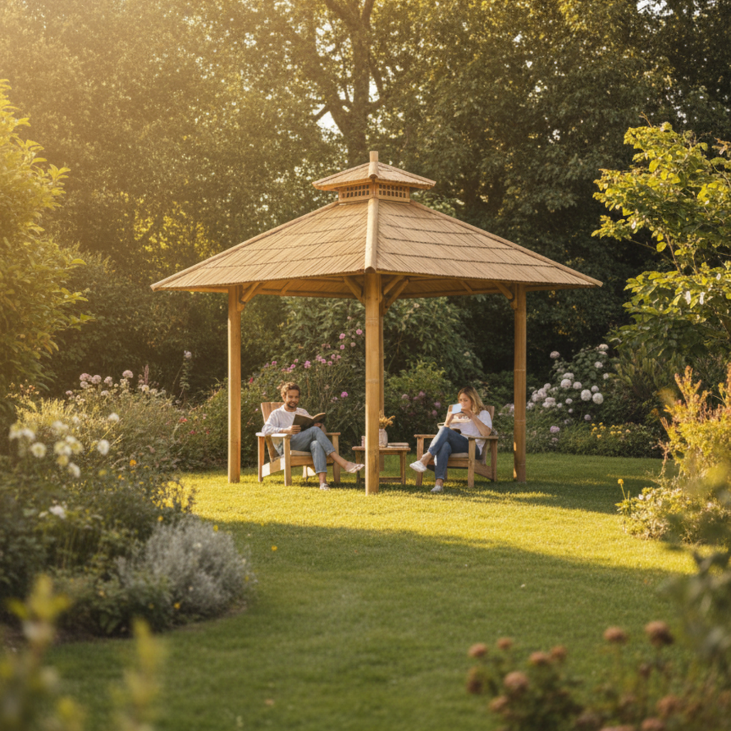 Abri en bambou avec toiture bambou naturelle installé dans un jardin paysager, structure ouverte et espace ombragé