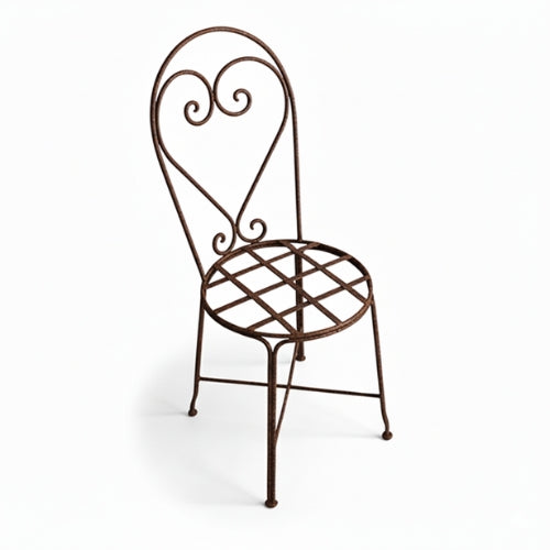 Vue arriere chaise fer forge coeur finition rouille pour mobilier artisanal