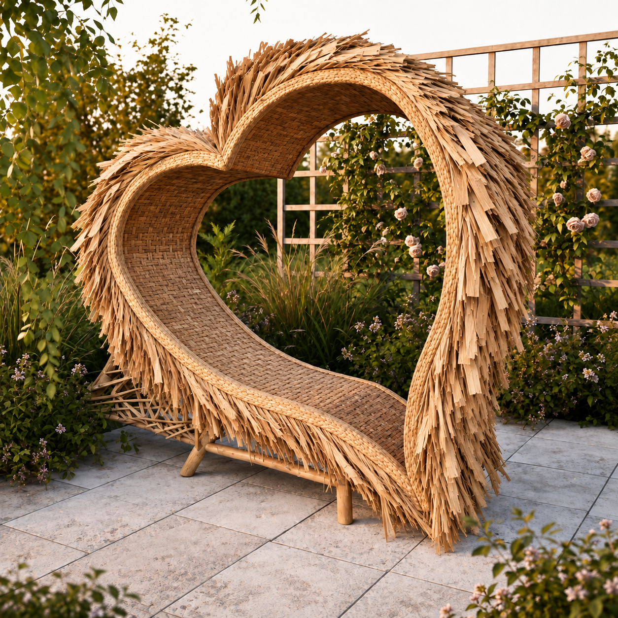 Banc en bambou naturel avec dossier incliné en forme de cœur, structure monobloc et assise large pour jardin
