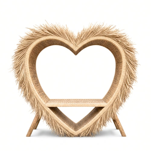 Vue latérale du banc bambou avec dossier haut cœur et structure artisanale monobloc en bambou naturel