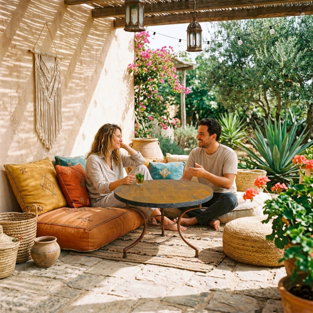 Table Ronde en Zellige Marron Foncé Ø60 cm | Table Extérieure Compacte Déclinée en 3 Hauteurs &amp; Pied en Fer Forgé Rouillé | Installation Incluse