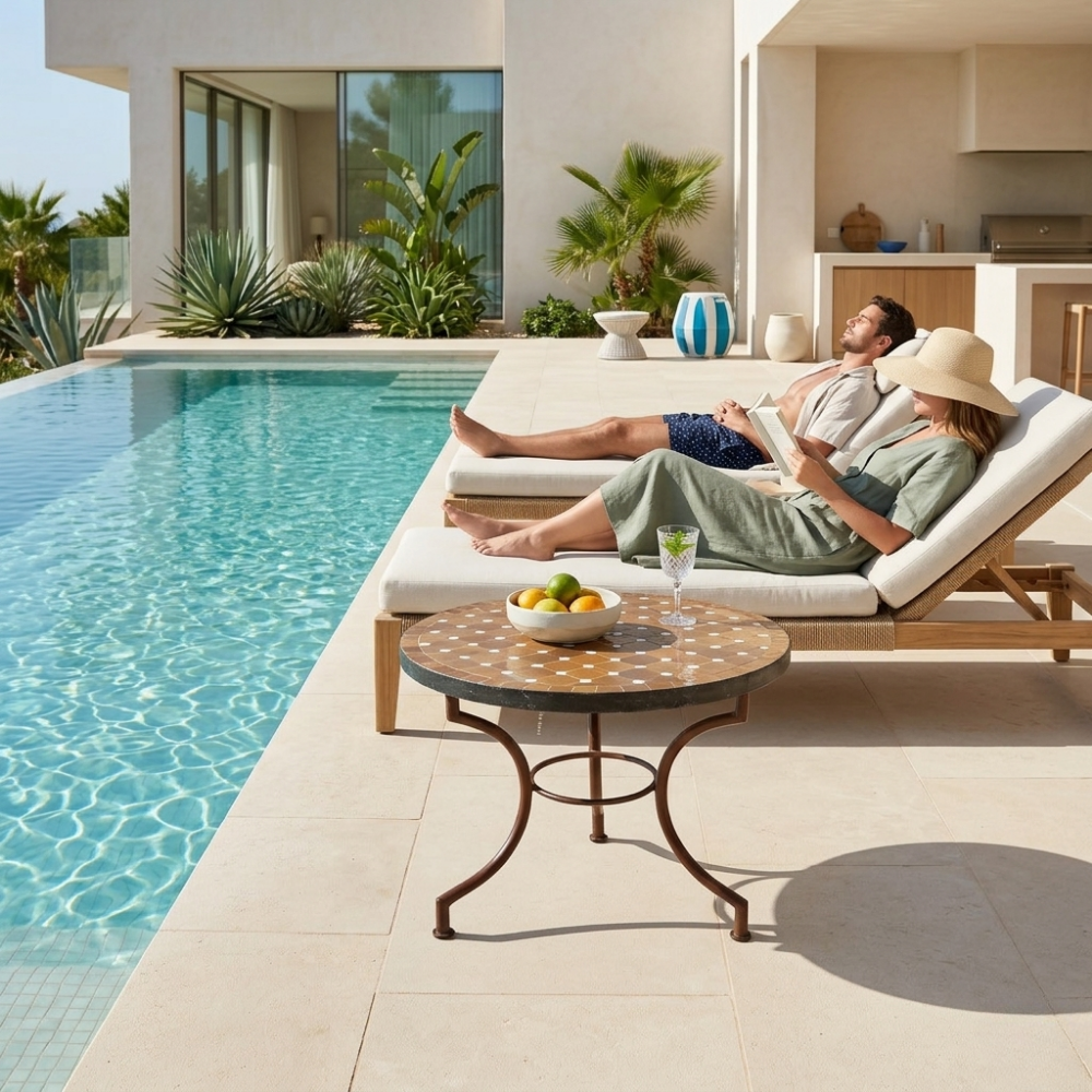 Table Ronde en Zellige Marron avec Cabochons Blancs Ø60 cm | Table Extérieure Compacte Déclinée en 3 Hauteurs &amp; Pied en Fer Forgé | Installation Incluse